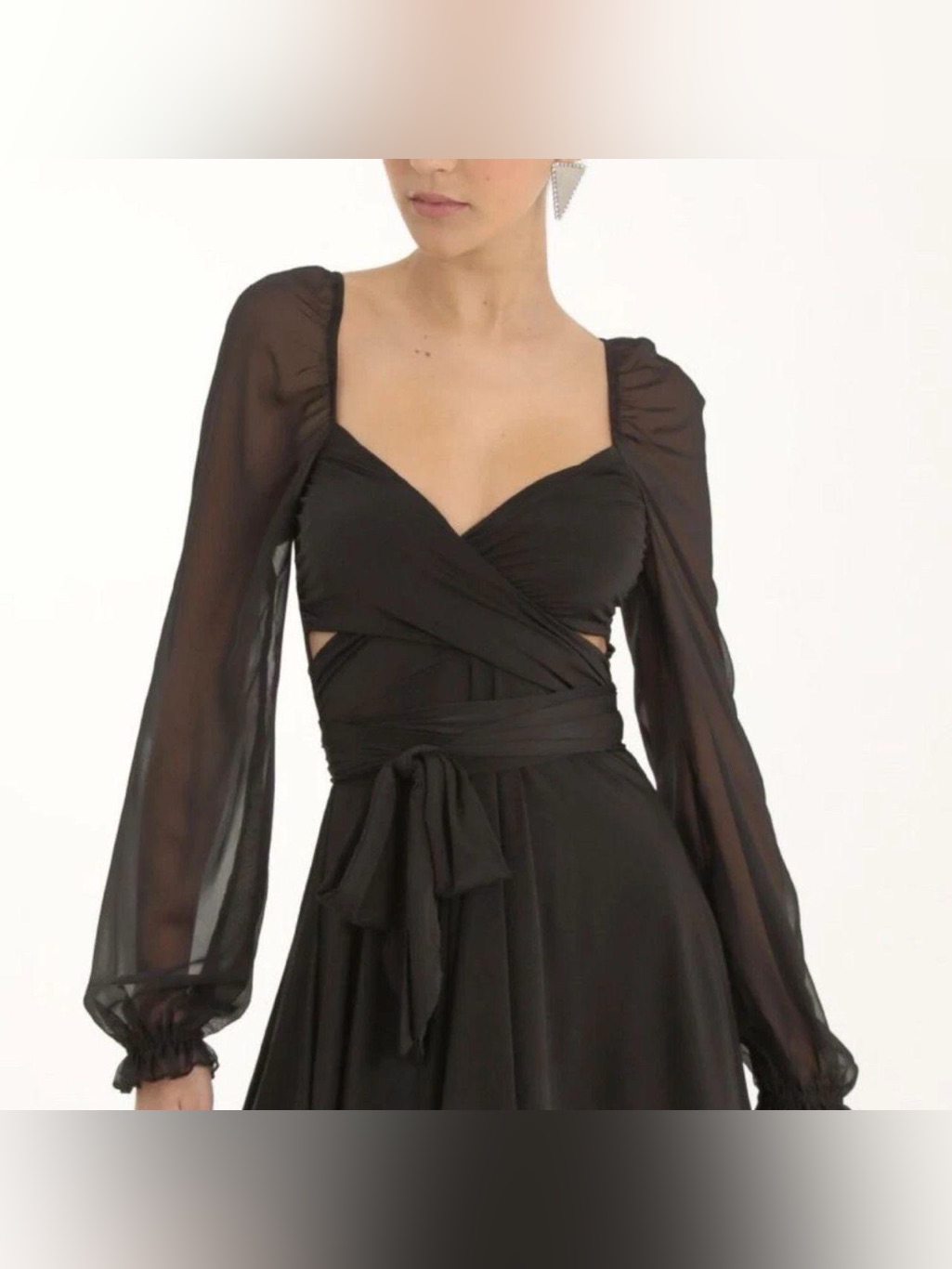 Lucy In The Sky Black Sheer-Sleeve Wrap Midi Dress